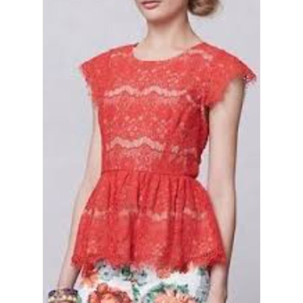 Maeve by Anthropologie Size XS‎ Orange Lace Cap Sleeve Peplum Blouse Lightweight